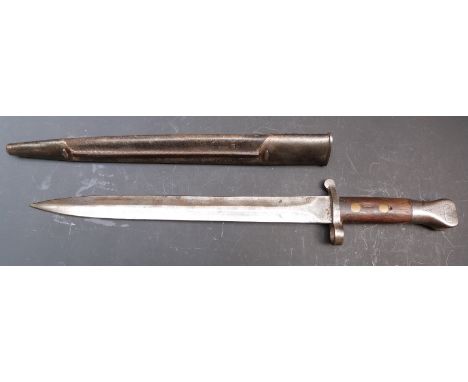 British Army 1888 Lee Metford bayonet marked London and 4 96 to 30cm blade, with leather scabbard