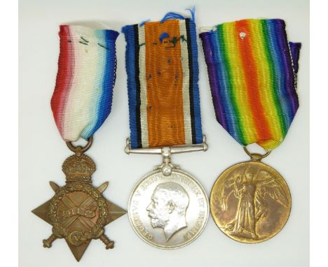 British Army WWI medals comprising 1914/1915 Star, War Medal and Victory Medal named to 31044 Driver G S Smyth, Royal Field A