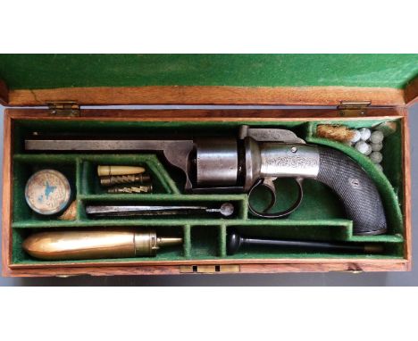 Unnamed 54 bore six-shot double bar hammer action transitional percussion revolver with engraved frame, hammer butt plate and