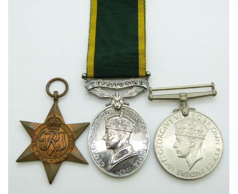 British Army WWII medals comprising 1939/1945 Star, War Medal and Territorial&nbsp;Efficiency Medal named to 7601605 CFN E Br