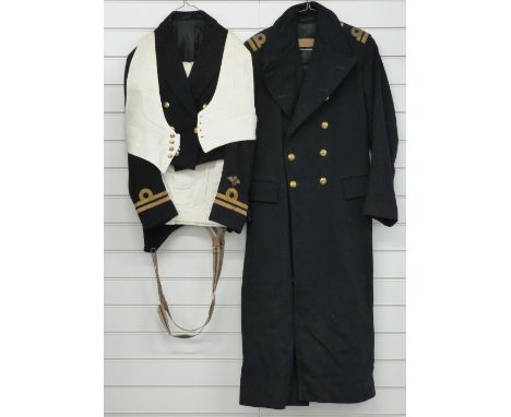 Naval officer's uniform comprising jacket, two pairs of trousers, waistcoat together with the officer's overcoat, length appr