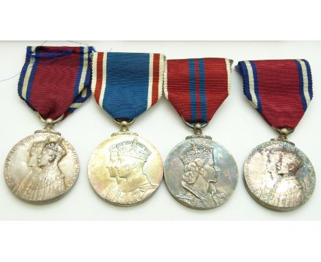 Two 1935 Jubilee Medals George V and Queen Mary, a 1937 Coronation Medal for George VI and Queen Elizabeth and a 1953 Coronat