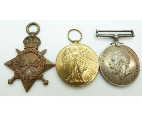 British Army WWI medals comprising 1914/1915 Star, War Medal and Victory Medal named to 1731 Driver D James, Royal Field Arti