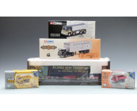 Five Corgi diecast model vehicles comprising Modern Trucks 1:50 scale Richard Read (Transport) ERF Curtainside 75203, Whisky 