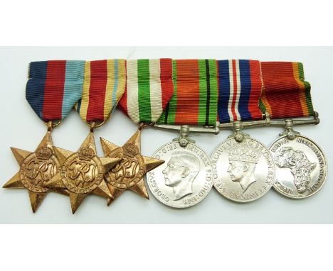 South Africa Forces WWII Medals comprising 1939/1945 Star, Africa Star, Italy Star, Defence Medal, War Medal and Africa Servi