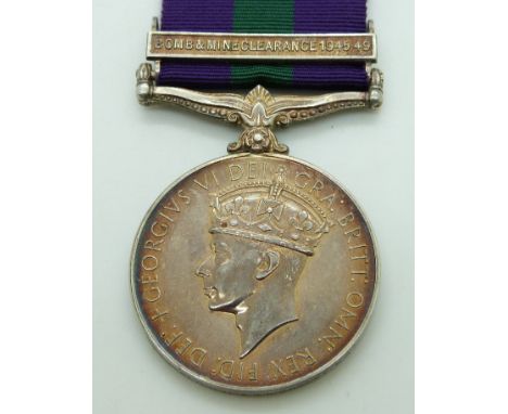 Royal Air Force General Service Medal with clasp for Bomb and Mine Clearance 1945-49, named to 3091981 ACII B A R Graley, RAF