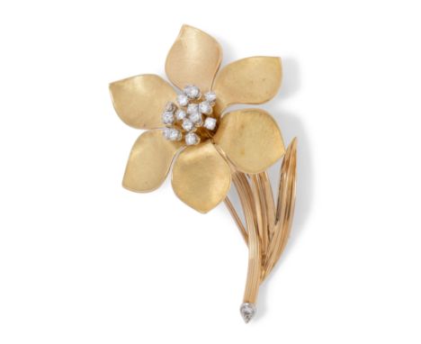 Vacheron Constantin Brillant-BlumenbroscheFrankreich. 2.H. 20.Jh. 750 Gelb-/Weissgold. Blumenmotiv teils strukturiert und aus