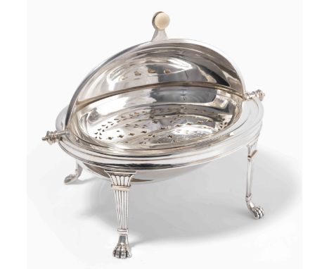 Wärmeschale, Birmingham 1924Silber. Meistermarke Thomas Wilkinson. Ovaler Korpus mit drehbarem Haubendeckel auf Stützen mit T