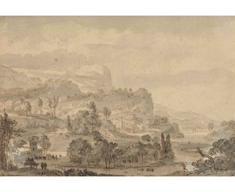 Abraham Rademaker(Lisse 1676/77–1735 Haarlem)Bergige Landschaft mit einem Fluss und Reisenden. Feder in Braun, grau laviert a