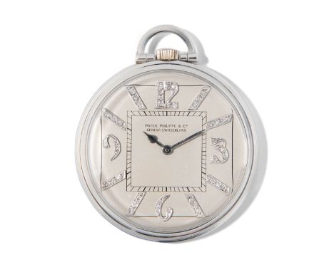 Patek Philippe Diamant-Frackuhr, 1930er JahrePlatin-Lépinegehäuse Nr. 5000 02, 42 mm, 49 g. Versilbertes Zifferblatt mit schw