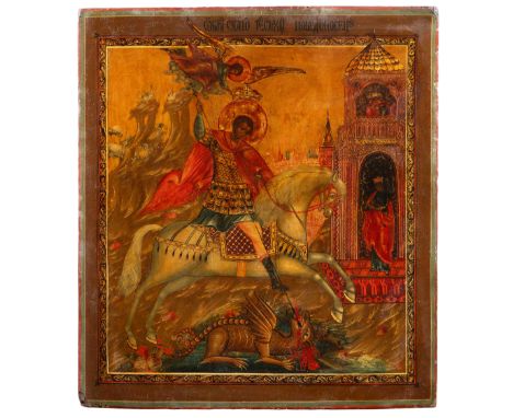 Hl. GeorgRussisch, um 1800. Tempera über Kreidegrund auf Holz. Vor Landschaftshintergrund Darstellung des Heiligen in Rüstung