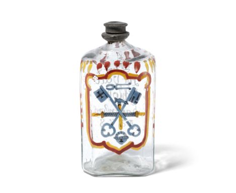 Alpenländisch, SchnapsflascheDatiert 1788. Farbloses, in die Form geblasenes Glas. Zinnmontierung mit Schraubdeckel. Rechteck