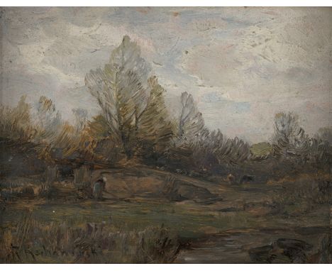 Kochanowski, Roman -- Herbstliche Landschaft mit Bäuerin am Wasser.Öl auf Karton. 12,8 x 16,4 cm. Unten links signiert "R. Ko