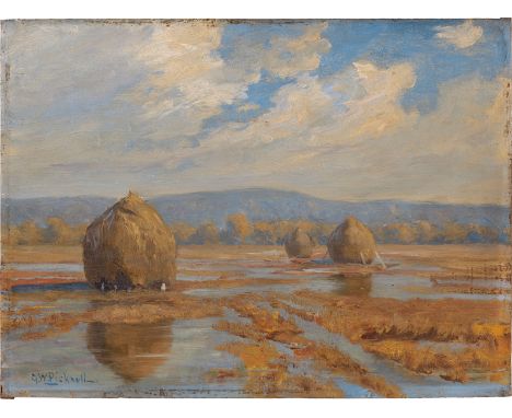 Picknell, Georges William -- "October on the Lynn Marshes": Heuschober auf den Lynn Marshes in Massachusetts.Öl auf Holz. 30 
