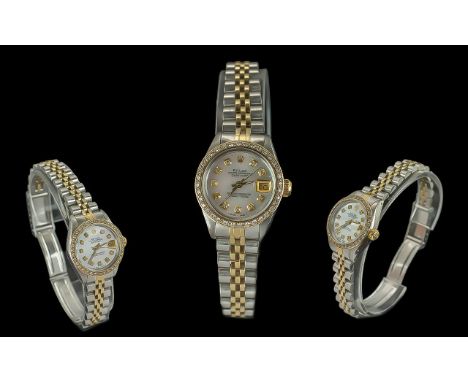 Rolex Oyster Perpetual Ladies 18ct Gold and Steel Chronometer Wrist Watch with Pearl Dial, Diamond Set Bezel and Markers, Num