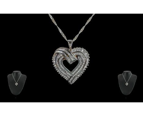 Ladies Vintage Gold on Silver Set Heart Shaped Diamond Pendant, estimated diamonds weight 1ct, height 1.25''.