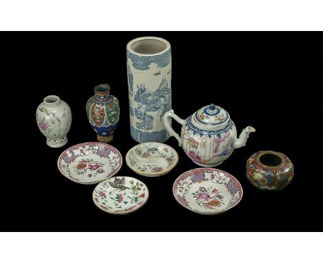 Collection of Antique Pottery, to include an Oriental brush pot, vase, trinket dishes, Japanese dishes, tea pot, and two piec