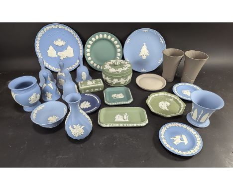 Wedgwood - Collection of Items, including Blue Jasper bells, bud vases, bowls, plates, pin dishes, Green Jasper trinket boxes
