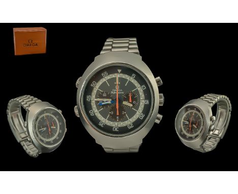 Omega Flightmaster Gents Steel Mechanical Chronograph Wrist Watch, model no. 145036, case diameter 43mm, multi dials, with Om