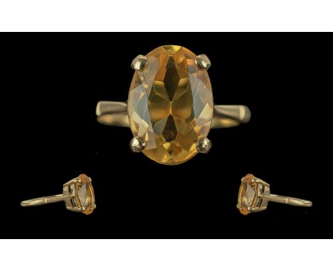 Ladies Pleasing 9ct Gold Single Stone Citrine Set Ring. Full Hallmark to Interior of Shank. The Large Faceted Citrine of Exce