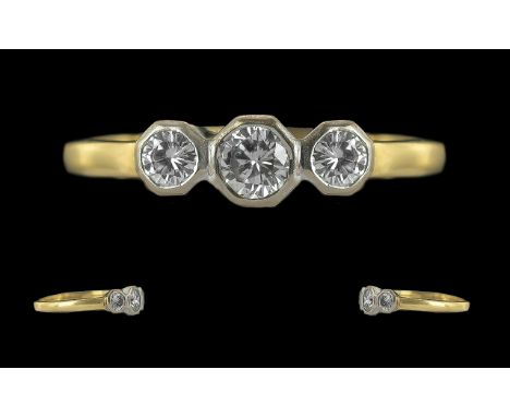 Ladies 18ct Gold Three Stone Diamond Set Ring, full hallmark to shank, the three pave set round brilliant cut diamonds of exc