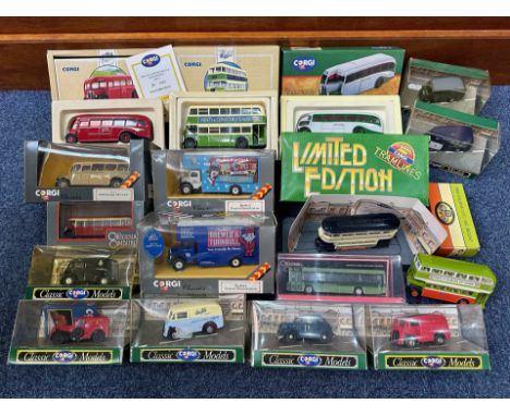 Collection of Corgi Boxed Die Cast Models, including Leyland Lynx Bus Mk II 73114, Tramlines C992/5, Bedford O Seris Pantechn