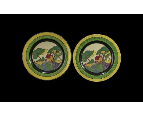 Two Staffordshire Plates, Clarice Cliff style, made by Henry's.  Diameter 11''.  Depicts a house and trees.
