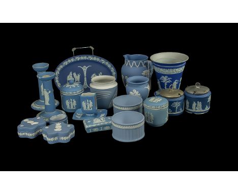 Wedgwood - Collection of Blue Jasper, including a large jug, candlesticks, vases, trinket boxes, conserve pots, etc.  Some pi
