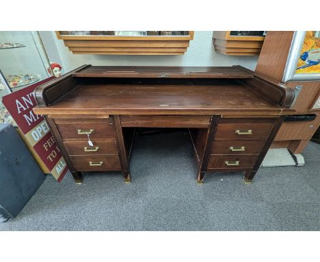 Early 20th Century Mahogany Architects Roll Top Desk, two banks of three drawers to each side, brass capped feet and brass ha