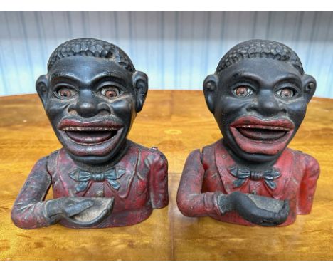 Pair of Vintage Jolly Boys Savings Banks, metal, boy with extended hand to receive coin. 7'' high.