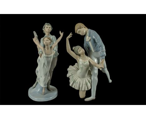 Two Large Nao Figures, comprising a boy and girl ballerina, 13'' tall, and a young man and young lady dancing. 13'' tall.