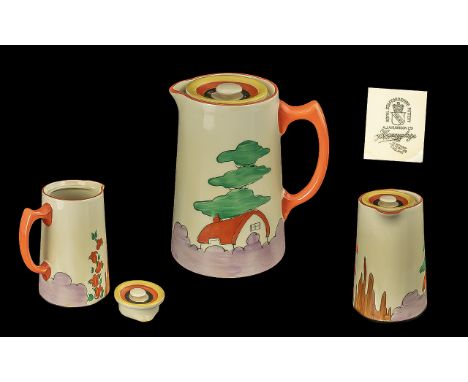 Clarice Cliff 1930's Hand Painted Water Jug ( Small ) Orange Roofs Design, Newport Pottery &amp; Co. Height 5.25 Inches - 13.