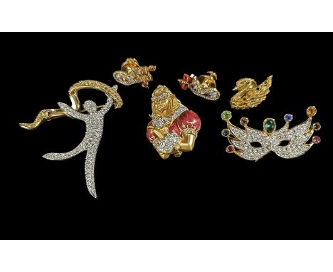 Swarovski - Six Pieces of Swarovski Crystal Jewellery, comprising a Venetian mask brooch with two matching pin brooches, set 
