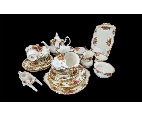 Royal Albert 'Old Country Roses' Tea Service, comprising cups, saucers, side plates, tea pot, cake plate, milk jug and sugar 