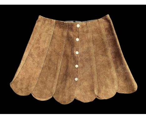 An Original Vintage Suede Dark Brown Mini Skirt with fluted edge and silver coloured press studs. Approx size 10.