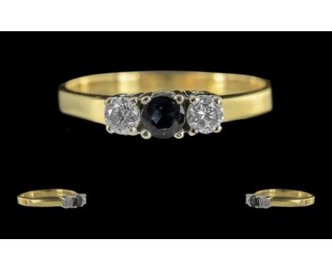 Ladies Attractive 18ct Gold 3 Stone Diamond and Sapphire Set Ring. Marked 18ct to Interior of Shank. The Sapphire and Diamond