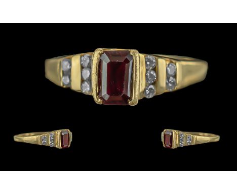 Ladies Contemporary 18ct Gold Diamond and Ruby Set Dress Ring, Marked 18ct to Shank. The Central Ruby and Diamond of Pleasing