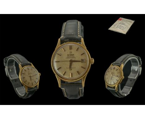 Gent's Omega 18ct Gold Automatic Constellation Wristwatch, circa 1965, with paperwork.  Cream dial, baton numerals, sweep sec