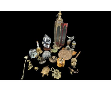 Box of Assorted Metalware, including tall Moroccan style candle lantern, elephant head gong, vintage table lighters, alarm cl