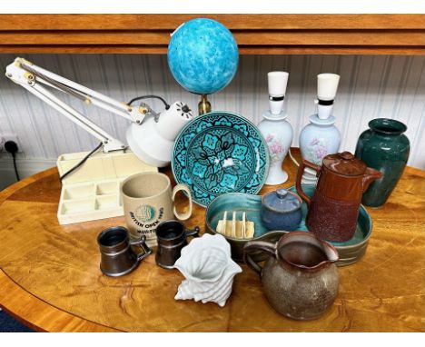 Four Vintage Lamps, together with a box of assorted pottery items.  Lamps include blue marbled globe table lamp, white desk l