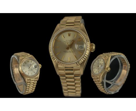 Rolex 18ct Gold Ladies Oyster Perpetual Date-Just Chronometer Wrist Watch. Features President Bracelet, Gold Markers, Champag