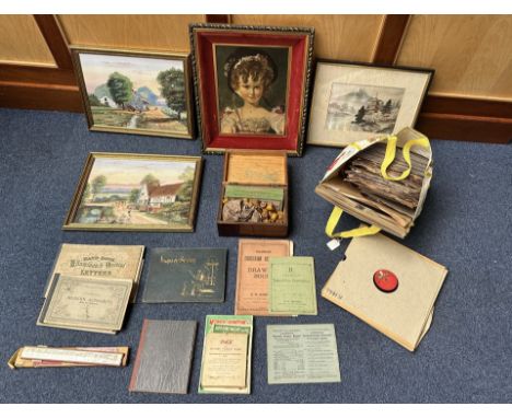 Mixed Lot to include 78s, together with two oil paintings and two further pictures, and souvenir booklets, a vintage wooden B