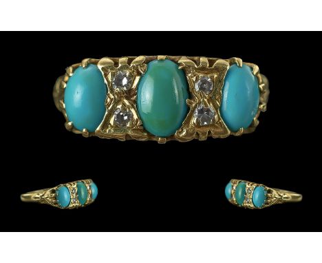 Antique Period Superb 18ct Gold Turquoise and Diamond Set Ring, marked 18ct to interior of shank, the well matched turquoise 