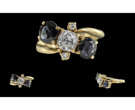 Edwardian Period 1901 - 1911 Ladies 18ct Gold 3 Stone Sapphire and Diamond Set Ring. Marked 750 - 18ct to Shank. The Cushion 