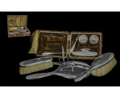 A Fine Sterling Silver Vanity Set with Leather Fitted Carrying Case with Lock, Push Button. Hallmark Glasgow 1924. Makers Mar