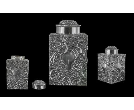 Victorian Period 1837 - 1901 Sterling Silver Rectangular Shaped and Embossed Lidded Tea Caddy of Pleasing Form ( Cube ) Hallm