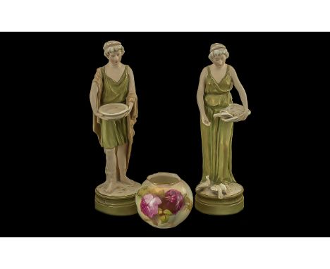 Royal Worcester Small Rose Painted Bowl, No. G161, 3'' high, together with two Royal Dux figures, lady and gentleman feeding 