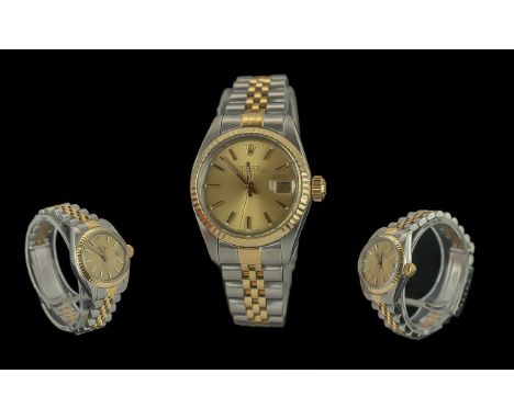 Rolex - Ladies 18ct Gold and Steel Oyster Perpetual Date Chronometer Wrist Watch. Features Champagne Dial, 18ct Gold Bezel, B