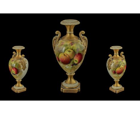 Royal Worcester Hand Painted Twin Handled Urn Shaped Vase ''Apples and Fallen Fruit'' Still Life, signed Ricketts, date 1928,