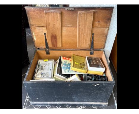 Large Vintage Wooden Storage Box, containing a quantity of Fantasy miniature figures, Citadel miniatures, Judge Dredd game, W